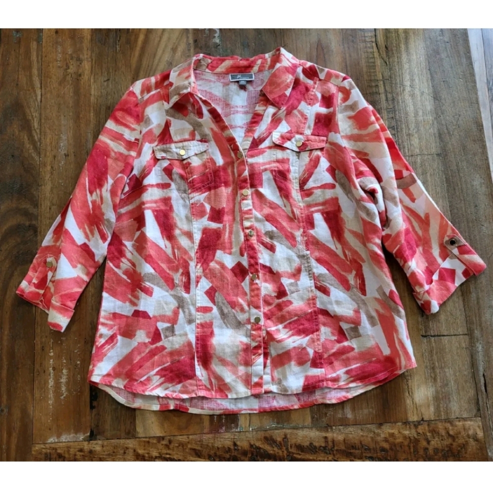 JM Collection Petites 14P Linen Shirt Red Brown 100% Linen Button Up 3/4 Sleeve